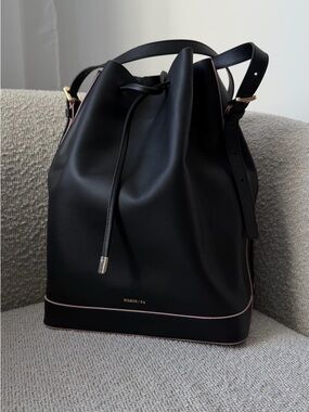 PARIS/64 Black Leather Drawstring Hobo with Pink Trim
